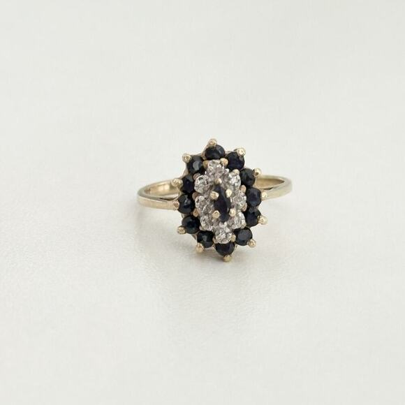 Vintage 10K Yellow Gold Sapphire & Diamond Halo Cluster Ladies Band Ring Size 6 - Picture 2 of 16